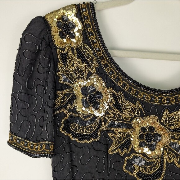 Vintage Stenay Black Silk Beaded Sequin Cocktail Dress – Women's Petite 6 (P6) - Picture 5 of 14